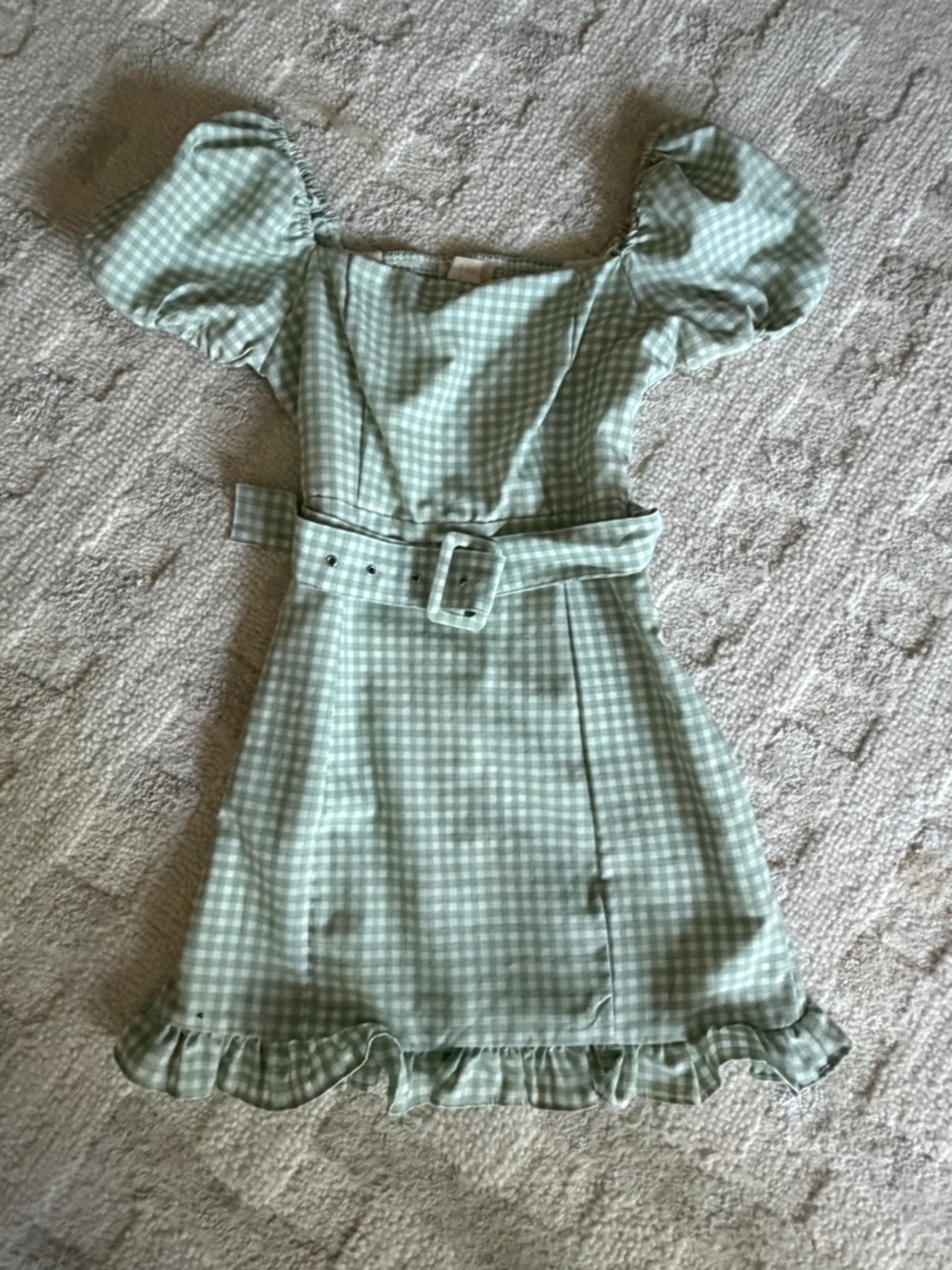 Alter’d State Light Greenn Gingham Puff-Sleeve Dress with Belt